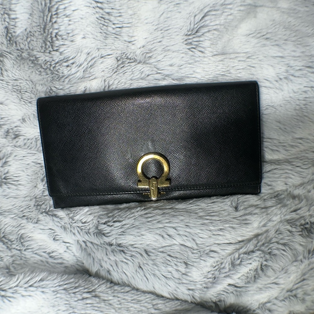 Salvatore Ferragamo Black Embossed Calfskin Long Continental Wallet